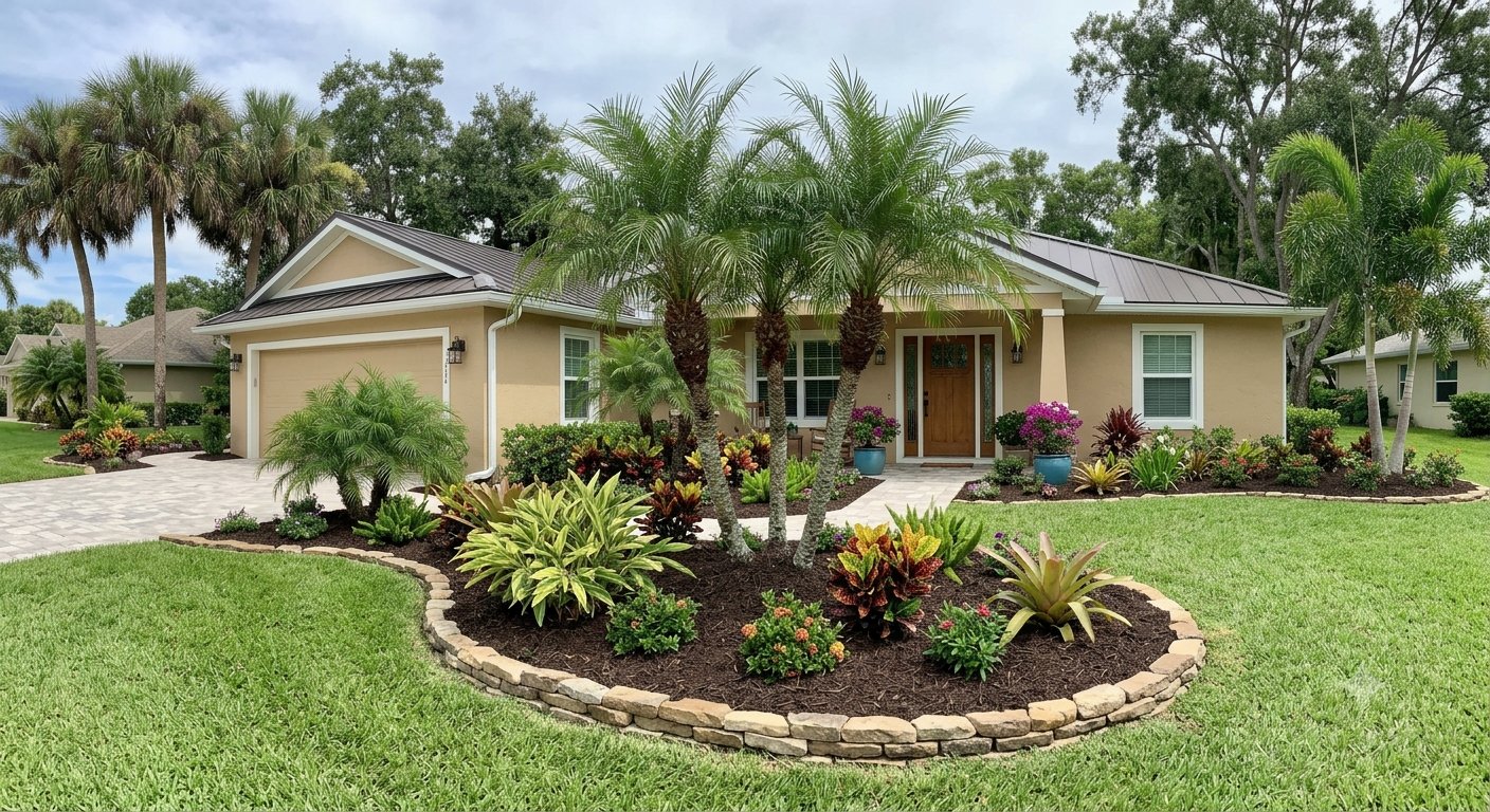 Freshly mulched planting bed around palm trees in a Port Charlotte front yard